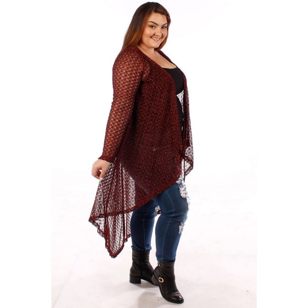 1x-3x Plus Size Burgundy Lace Lurex Cardigan 123X - Picture 4 of 6